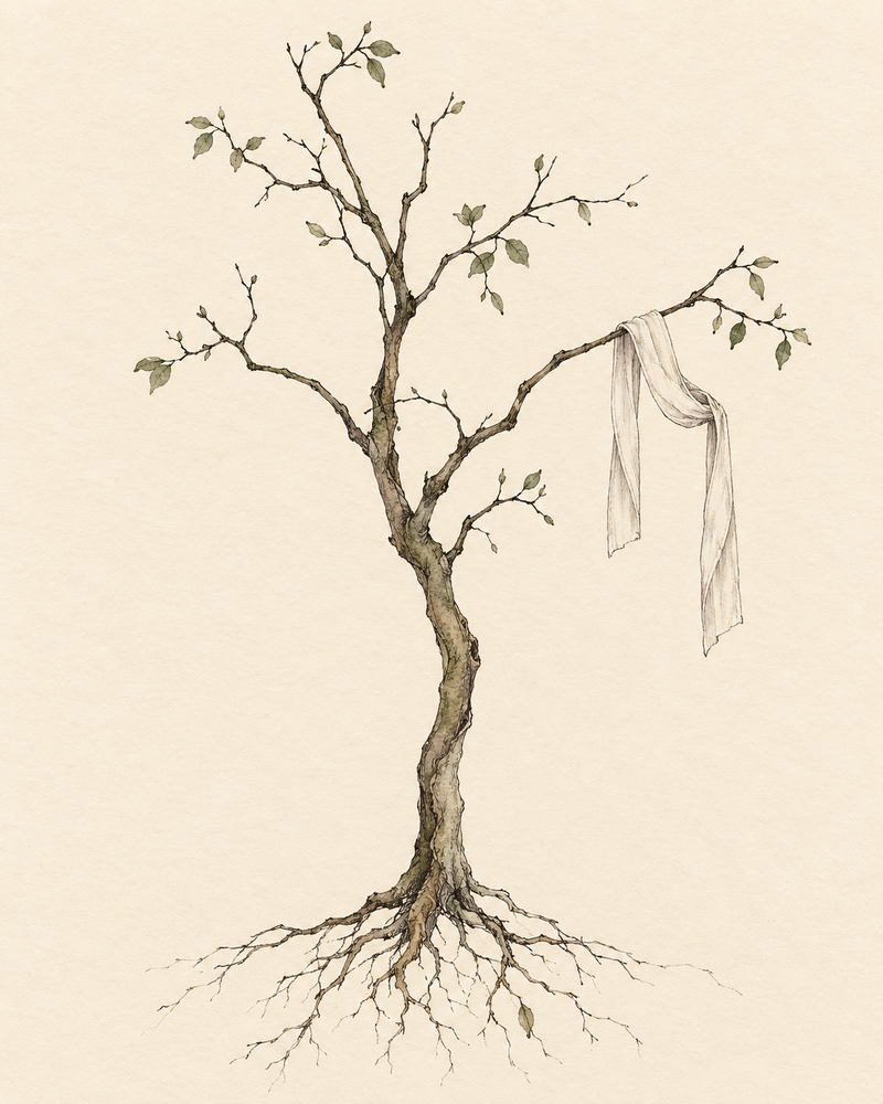 Un albero sottile con una benda chiara sospesa a un ramo, su carta crema.