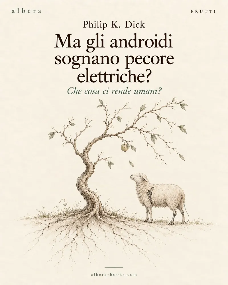 Grafica di Albera su carta avorio: Philip K. Dick, Ma gli androidi sognano pecore elettriche? Che cosa ci rende umani? Sotto, un albero sottile e una piccola pecora con una cucitura meccanica.