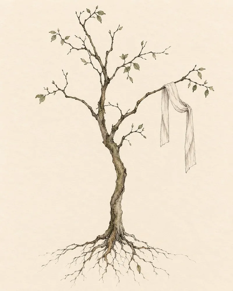 Un albero sottile con una benda chiara sospesa a un ramo, su carta crema.