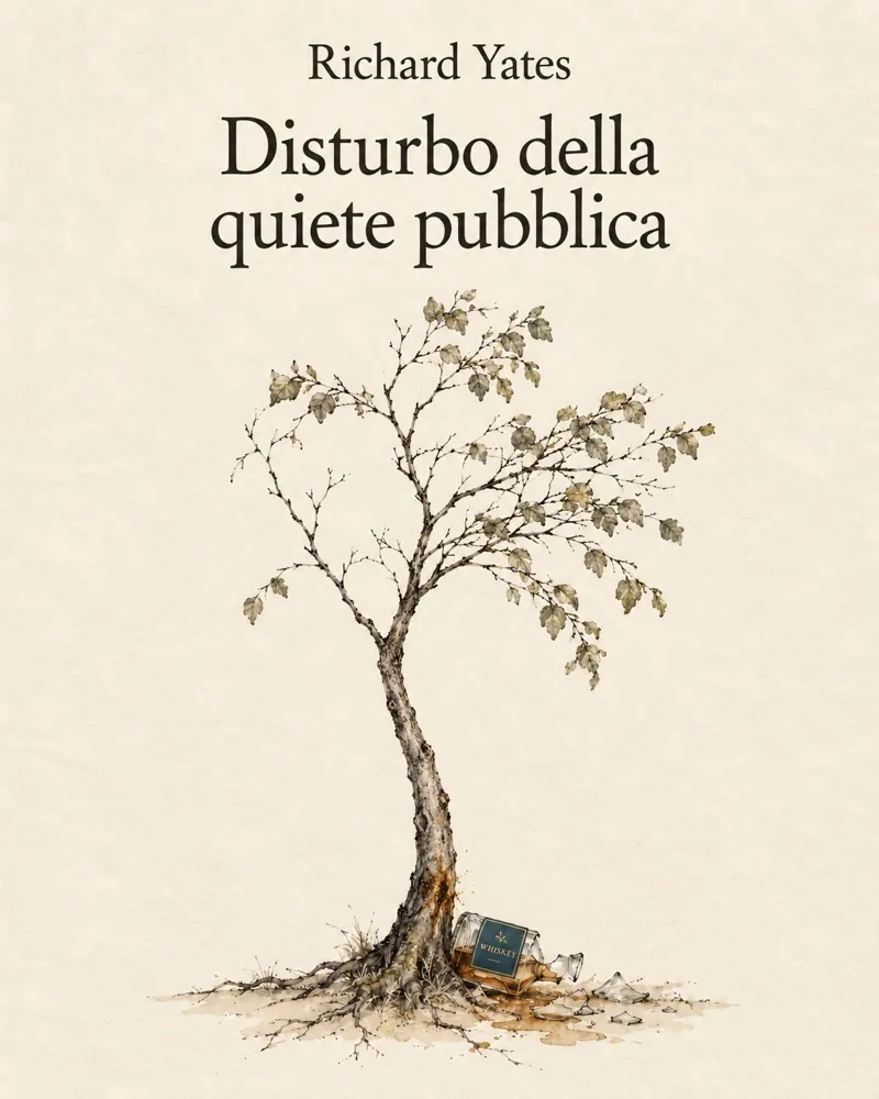 Un albero sottile su carta crema, con una bottiglia di whiskey infranta alla base del tronco.