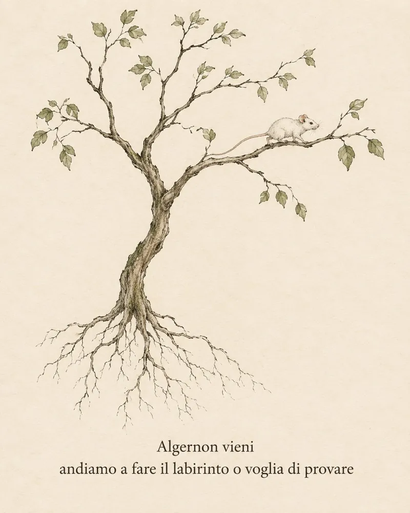 Un albero sottile con radici visibili e un topolino bianco su un ramo; sotto, la scritta: Algernon vieni, andiamo a fare il labirinto o voglia di provare.