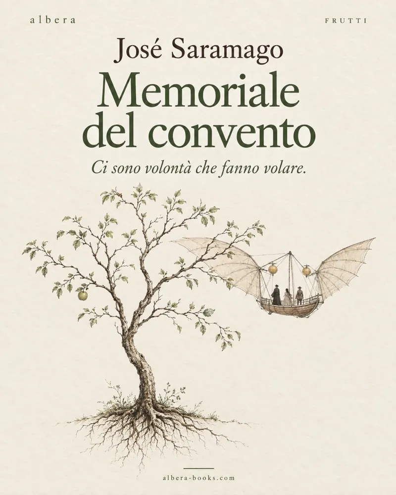 Grafica di Albera su carta avorio: José Saramago, Memoriale del convento, Ci sono volontà che fanno volare. Sotto, un albero sottile e una macchina volante con tre piccole figure a bordo.